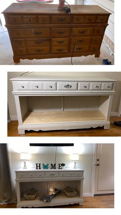 three different pictures of an old dresser