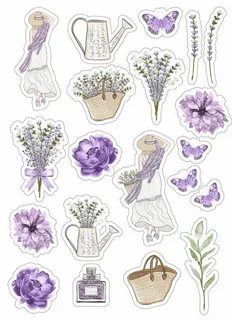 purple flowers and lavender stickers on a white background, with the image of a woman holding