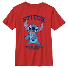 Ohana means family, and family means no tee gets left behind! Find the perfect style with this officially licensed Boys' Disney Lilo & Stitch Causing Trouble Since 2003 Graphic T-Shirt! This design features the adorable Stitch smiling big for everyone to see across the front and his name printed in bold dark blue above him. Celebrate a certain alien, otherwise known as Experiment 626 in style this year with new hilarious apparel from the movie! Character Cotton T-shirt With Crew Neck, Disney Pre-shrunk Short Sleeve T-shirt, Disney Short Sleeve Pre-shrunk T-shirt, Character Crew Neck Cotton Top, Character Style Cotton Short Sleeve Tops, Cotton Character T-shirt With Crew Neck, Character Crew Neck Cotton T-shirt, Character Cotton T-shirt Crew Neck, Disney Fan Apparel T-shirt With Short Sleeves