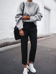 ☆ Sanne’s daily ☆ Black Trousers Women Outfit, Comfy French Outfit, Black Trousers And Sweater Outfit, Grey Sweater Black Pants Outfit, Black Trouser Winter Outfit, Casual Polished Outfits, Grey Knit Outfit, Grey Pant Outfits Women, Grey Knitted Sweater Outfit