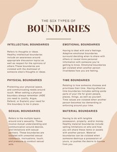 Strengthen your understanding of boundaries through these six more common types of boundaries. Build your knowledge around how to set boundaries, and how these boundaries get violated with helpful examples. Emotional Boundaries Examples, Phone Boundaries, How To Set Boundaries, Boundaries Template, Personal Boundaries Worksheet, Setting Boundaries With Family, Setting Boundaries Worksheet, Types Of Boundaries, Boundaries Worksheet