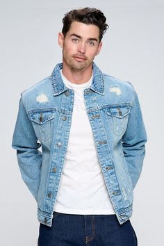 Men's Denim Jacket with Distressed Light Wash Denim Jacket, Classic Denim Jacket, Vintage Denim Jacket, Distressed Denim Jacket, Light Blue Denim, Light Wash Denim, Grunge Fashion