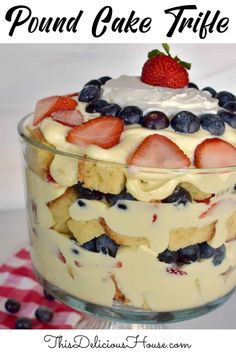 this pound cake trifle is loaded with fresh berries and whipped cream