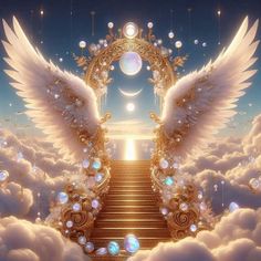 an artistic scene with angel wings and stairs leading to the moon in the sky above clouds