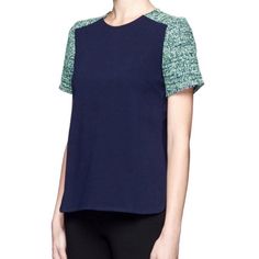 J Crew Blouse Chic Navy Short Sleeve Blouse, Navy Tops For Office In Spring, Navy Tops For Office Spring Season, Blue Short Sleeve Blouse For Work, Chic Blue Tops For Work, Chic Blue Crew Neck Blouse, Navy Tops For Spring Workwear, Green Tweed, Google Shopping