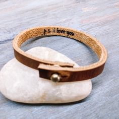 Engraved Leather Cuff ∙ Personalized Bracelet ∙ Handmade To Order ∙ Boho Style Jewelry  Gift For Her | Gift For Him | Gift For YOU! Personalized hidden/secret message bracelet. Add a quote, verse, affirmation or special message to the inside of this thin 1/4" leather bracelet. No one will know but you! Add a private joke, a quirky pet name or your pet's name! The bracelet will fit up to 75 characters. Choose a font, add a symbol if you would like and send your text in the personalization box.  I Engraved Leather Bracelets, Secret Message Bracelet, Stacking Jewelry, Hidden Words, Message Bracelet, Bracelet Stacking, Couples Bracelet, Hidden Messages, Hidden Message