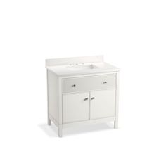 a white bathroom vanity with two drawers and a sink in the middle, against a white background