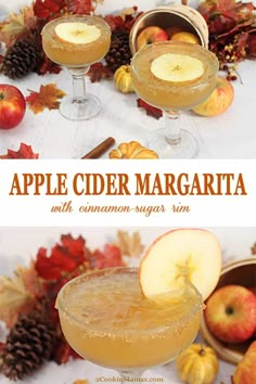 an apple cider margarita with cinnamon sugar rim in front of fall leaves and apples