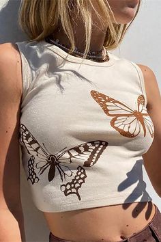 Y2k Graphic Tank Top, 90s Fashion Grunge, Vest Crop Top, Earthy Outfits, Butterfly Top, Print Tank Top, Cropped Tops, Summer Fits, Sleeveless Crop Top