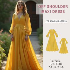 Digital sewing pattern for off shoulder maxi dress. ✔️ US Sizes: 2, 4, 6, 8, 10, 12, 14, 16, 18, 20, 22, 24, 26, 28, 30 ✔️ Standard sizes: XS, S, M, L, XL, 2XL, 3XL, 4XL/5XL ✔️These templates are suitable for A4, A0 and US Letter size paper. When you purchase this pattern, you will receive a digital (pdf) sewing pattern and instructions. Once your payment processes, you will automatically receive a download links of pattern files. If you have any problem accessing the files, please don't hesitat Formal Gown Sewing Pattern, Off Shoulder Dress Sewing Pattern, Formal Dress Patterns For Women, Free Prom Dress Patterns, Formal Dress Sewing Patterns, Velvet Dress Pattern, Evening Gown Sewing Pattern, Pattern Prom Dress, Long Dress Sewing Patterns