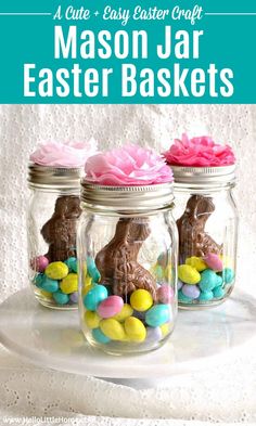 mason jar easter baskets filled with chocolate bunny eggs