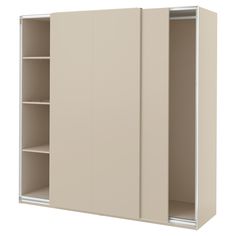 an open cabinet with shelves and doors on the front, in beige painted steel finish