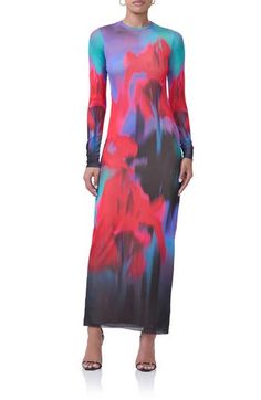 Make a sleek impression in this long-sleeve maxi cut in a smooth, curve-hugging silhouette from gauzy mesh covered in a bold print. Slips on over head Crewneck Long sleeves Lined, except sleeves 95% polyester, 5% spandex Machine wash, tumble dry Imported Evening Multicolor Stretch Maxi Dress, Multicolor Long Sleeve Maxi Dress For Evening, Sheer Long Sleeve Bodycon Maxi Dress, Sheer Maxi Dress For Fall, Fall Sheer Maxi Dress, Sheer Fitted Maxi Dress With Long Sleeves, Fitted Long Sleeve Sheer Maxi Dress, Spring Sheer Long Sleeve Maxi Dress, Spring Stretch Maxi Dress With Sheer Sleeves