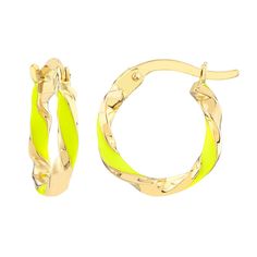 Make a splash with these Color Romance enamel twist hoop earrings. Click on this JEWELRY & WATCHES GUIDE to learn about fit, styles, materials and more! Make a splash with these Color Romance enamel twist hoop earrings. Click on this JEWELRY & WATCHES GUIDE to learn about fit, styles, materials and more! FEATURES Dimensions: 2 mm x 10 mm Backings: click-it Nickel safe Metal: 14k gold Finish: enameled, polished Packaging: boxed Size: One Size. Color: Yellow. Gender: female. Age Group: adult. Twist Hoop Earrings, Lovely Jewellery, Jewelry Earrings Hoops, Gold Finish, Gender Female, Jewelry Watches, Age Group, Jewelry Earrings, Hoop Earrings