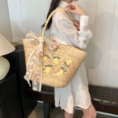 UAKISS - Summer Big Straw Bags for Women Handmade Beach Bags 2024 Korean Fashion Ribbon Woven Handbags Travel Shopper Shoulder Bags SIZE: (Upper Width)49cm * (Lower Width)29cm * (Height)32cm * (Thickness)16cm Shoulder Belt Length:60cm Fruit Decoration, Embroidered Bow, Bags 2024, Fruit Decorations, Shoulder Belt, Woven Handbags, Belt Length, Floral Bags, Lace Decor