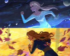 two pictures one with a woman running and the other has an image of a mermaid