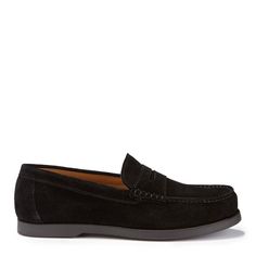 Here we offer you another Hugs & Co. take on a classic style. Our penny loafer upper made with carefully selected black Italian suede is teamed with a robust boat shoe sole in matching black rubber. This gives the shoes great wearability, fantastic comfort and the timeless style you're looking for in a penny loafer. We also offer loafers with tassels and driving shoes here at the Hugs & Co. online store. Our men's shoes are super cool and made to the tip top highest standards with leathers and suedes from England and Italy. If you're after preppy shoes or men's moccasins then you've come to the right place. UK Sizing Made in Portugal 100% Suede Upper featuring a 100% Leather Lining Rubber studded sole Black Suede Low-top Loafers, Black Slip-on Loafers With Suede Lining, Luxury Black Slip-on Moccasins, Black Synthetic Slip-on Loafers, Luxury Black Slip-on Loafers, Penny Loafer, Preppy Shoes, Moccasins Mens, Super Cool