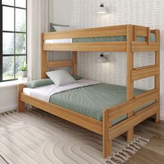 a wooden bunk bed sitting in a bedroom next to a white rug and window sill