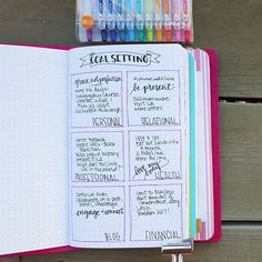 an open planner with markers and writing on it