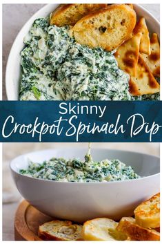 spinach dip in a white bowl with crackers on the side and bread slices