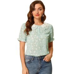 Show off your stylish style in this cute shirt which features a contrast turn-down collar and floral patterns. With floral prints and bubble sleeves, this top gives you a casual and sweet feeling. Perfectly match your jeans and heels for a chic style. Occasions: Casual, Business, Office, Weekend Gathering, etc. Business Casual Women Outfits, Vintage Clothing Styles, Casual Women Outfits, Peter Pan Blouse, Floral Blouses, Business Casual Outfits For Women, Fitted Blouses, Ruffle Shorts, Green Blouse