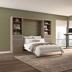 a bedroom with a bed, desk and bookcases