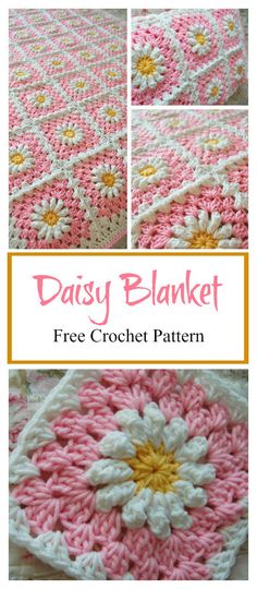 the daisy blanket is crocheted in pink, white and yellow