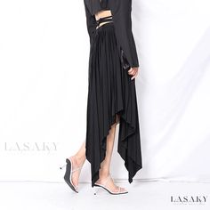 Lasaky - Sleek and Elegant High-Waisted Asymmetric Patchwork Pleated Inner Arc Midi Skirt Flowy Asymmetrical Solid Skirt, Asymmetrical Flowy Skirt In Solid Color, Asymmetrical Flowy Skirt For Night Out, Asymmetrical Pleated Skirt For Parties, Black Asymmetrical Draped Skirt For Spring, Black Draped Skirt With Asymmetrical Hem For Spring, Asymmetrical Skirt For Night Out, Versatile Asymmetrical Bottoms For Spring, Fitted Irregular Black Bottoms