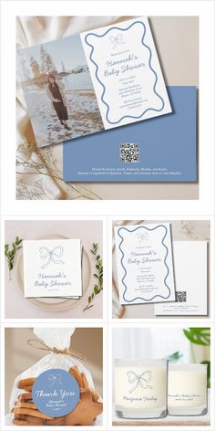 the wedding stationery is shown with blue accents