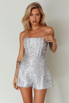 Vivid Dreams Strapless Sequin Romper Silver Sequins Romper, Selfie Leslie, Vivid Dreams, Sequin Rompers, Lace Bodycon Dress, Date Night Dresses, Silver Heels, Basic Dress, Silver Sequin