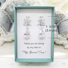 "⚠️⚠️⚠️ PLEASE MAKE SURE TO SEE THE PHOTO TO CHOOSE WHICH MESSAGE CARD NUMBER (#1-30) YOU WOULD LIKE ⚠️⚠️⚠️ SPECIFICATIONS: ♠ For Earrings * Metal Type : Rhodium plated * Material : Cubic Zirconia *Earrings Length : 1 5/16\" (3.4 cm) ♠ Message gift box * There is a white lining cushion behind the message card for added protection of the jewelry. * Box Size :2\" x 3\" * Box color : White, Kraft, Oatmeal, Jade Matte, Blue Ice Gloss, Forest Matte, Red Matte, Orchid Matte, Purple Matte, Navy Matte, Bridesmaid Earrings Gift, Matte Purple, Bridesmaid Gifts Earrings, Earrings Bridesmaid, Blue Ice, Matte Red, Earrings Metal, Cubic Zirconia Earrings, Zirconia Earrings