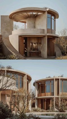 two pictures of the inside and outside of a house with stairs leading up to it