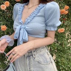 Free Size:Bust: 74-90cm/ 29.1-35.4 in, Length: 33cm/ 13.0 inMaterial: Chiffon Blue Crop Top Outfit, Crop Top Men, Kawaii Swimsuit, Light Blue Crop Top, Bow Crop Tops, Baby Crop Top, Knot Tie, Kawaii Dress, Tie Crop Top