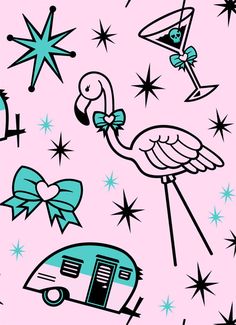 a flamingo is standing next to an rv and stars