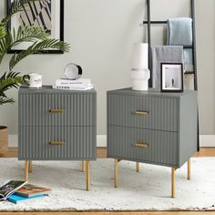 two gray and gold nightstands in a living room with white rug, potted plant and pictures on the wall