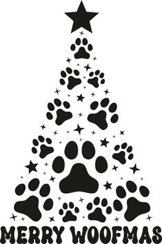 a black and white christmas tree with dog paw prints on it's bottom, which says merry woofmas