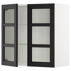 an open cabinet with glass doors on the front and bottom shelves in black, white and grey