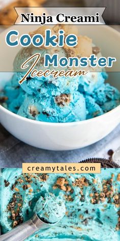 a bowl filled with cookies and ice cream next to another bowl full of cookie monster ice cream