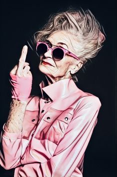 an old woman wearing sunglasses and pointing to the side with her finger up in black and white