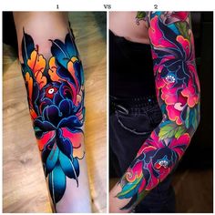 two images show different colored tattoos on the arms and arm, one with an image of flowers