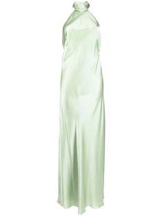 Michelle Mason Backless halter-neck Tie Gown - Farfetch Sage Green Maxi Dress, Gown Green, Green Silk Dresses, Organza Top, Fringed Belt, Michelle Mason, Lipstick Bag, Chain Strap Bag, Green Maxi