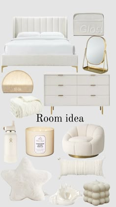 the room is all white with gold accents and accessories on it, including a bed, dresser