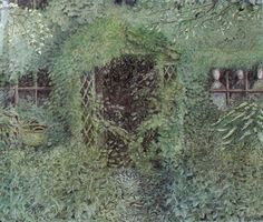 an artistic painting of ivy growing on the side of a building