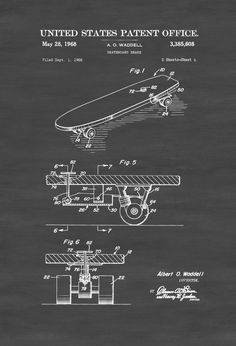 a drawing of a skateboard on a chalkboard with the words united states patent office