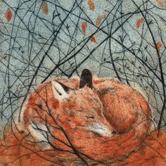 a drawing of a fox curled up in the woods with its head on another animal's back