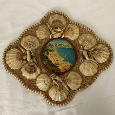 there is a decorative plate with seashells on it and a painting in the middle