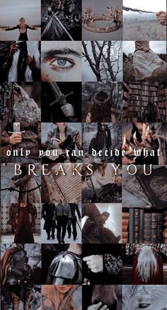 a collage of photos with the words breakin'you up on them and images of people in armor