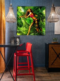 a painting of a woman in the jungle on a wall above a red bar stool