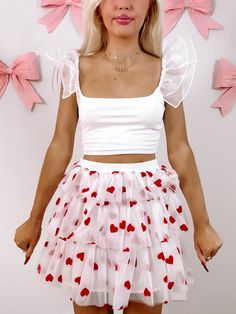 Layers Of Love Skirt | sassyshortcake.com | sassy shortcake Heart Skirt, Heart On Rufffle Skirt, Red Ruffled Mini Skirt, Flowy Ruffled Red Mini Skirt, Pink Ruffled Tiered Mini Skirt, High School Outfits, White Tulle, Cute Preppy Outfits, Preppy Outfits