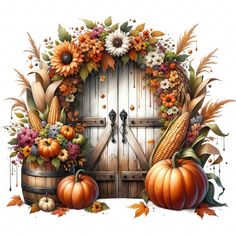 a painting of pumpkins, corn and flowers in front of an open door with leaves